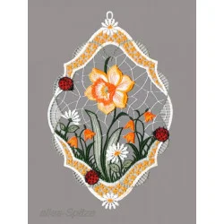 Fensterbild Osterglocke mit Marienkäfer aus Plauener Spitze