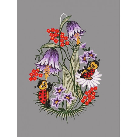 Plauener Spitzenfensterbild Marienkäfer mit Glockenblume