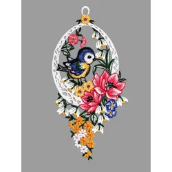 Kleine Meise im Blumenarrangement für die Fensterdekoration