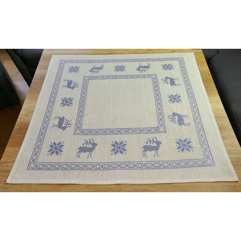 Bestickte Leinen-Mitteldecke Berit 85x85 cm Plauener Spitze in creme-blau