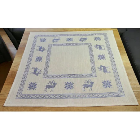 Bestickte Leinen-Mitteldecke Berit 85x85 cm Plauener Spitze in creme-blau