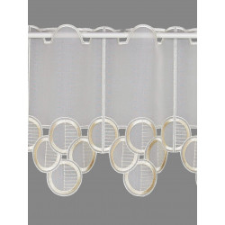 Halbtransparente Scheibengardine in Beige mit dekorativer Kreis-Stickerei und Stangendurchzug.