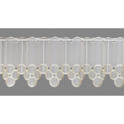 Halbtransparente Scheibengardine mit beige gestickten Kreisen als edle Heimtextilien-Fensterdeko. 30 cm hoch