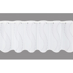 Halbtransparente weiße Scheibengardine mit geschwungener lila Stickerei und Wellensaum für stilvollen Sichtschutz. 30 cm hoch