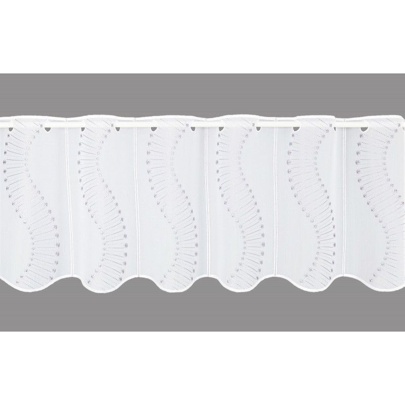 Halbtransparente weiße Scheibengardine mit geschwungener lila Stickerei und Wellensaum für stilvollen Sichtschutz. 30 cm hoch