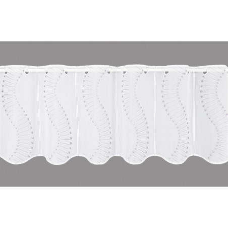 Halbtransparente weiße Scheibengardine mit geschwungener lila Stickerei und Wellensaum für stilvollen Sichtschutz. 30 cm hoch