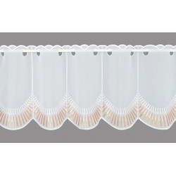 Weißer Bistrovorhang aus halbtransparentem Voile mit eleganter Stickerei und Bogen-Abschluss. 30 cm hoch