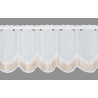 Weißer Bistrovorhang aus halbtransparentem Voile mit eleganter Stickerei und Bogen-Abschluss. 30 cm hoch