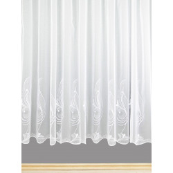 Weißer Store Mara aus feiner Plauener Spitze mit elegantem Wellenabschluss und geschwungenem Stickerei-Dekor.