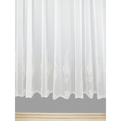 Hochwertige Fensterdekoration: Weißer Store mit vertikaler floraler Stickerei in Beige und Bogensaum-Abschluss.