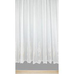 Elegante Fensterdekoration: Weißer Store mit vertikaler floraler Stickerei in Beige und Bogensaum-Abschluss.