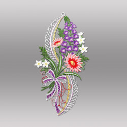 Plauener Spitze Fensterbild Gerbera in Lachs & Violett, florale Heimtextilien Dekoration für ein gemütliches Zuhause.