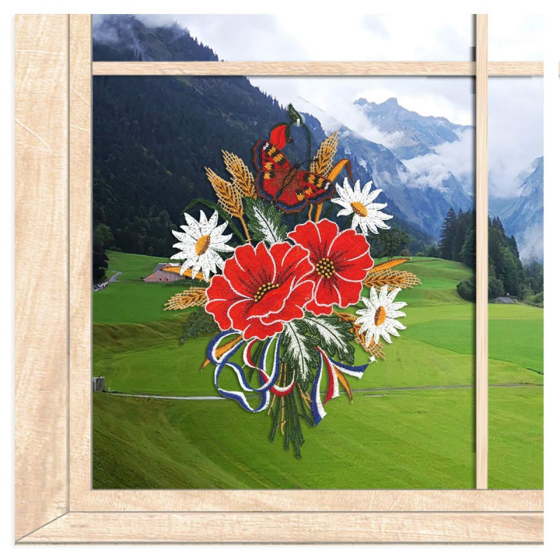 Fensterbild Mohnblumenstrauß aus Plauener Spitze
