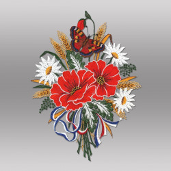 Detailreiche Plauener Spitze Mohnblumenstrauß mit Admiral-Schmetterling, bunte Stickerei, florale Fensterdekoration.