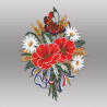 Detailreiche Plauener Spitze Mohnblumenstrauß mit Admiral-Schmetterling, bunte Stickerei, florale Fensterdekoration.