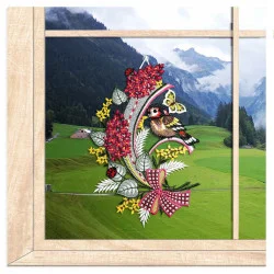 Fensterbild mit Vogel und Flieder aus Plauener Spitze