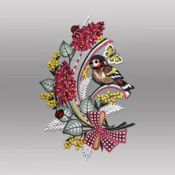 Fensterbild mit Vogel und Flieder