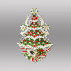 Gesticktes Fensterbild Tannenbaum mit bunten Päckchen aus edler Plauener Spitze, freigestellt auf grauem Grund.