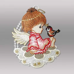 Fensterbild Engel mit Vögelchen aus Plauener Spitze