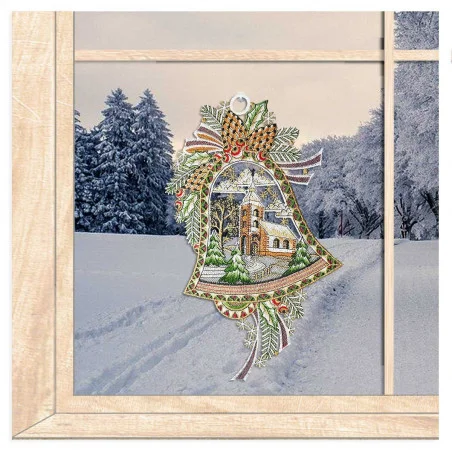 Fensterbild Glocke mit Kirche aus Plauener Spitze