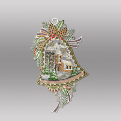 Gesticktes Fensterbild Glocke mit detailreichem Kirchen-Motiv aus Plauener Spitze, freigestellt auf Grau.
