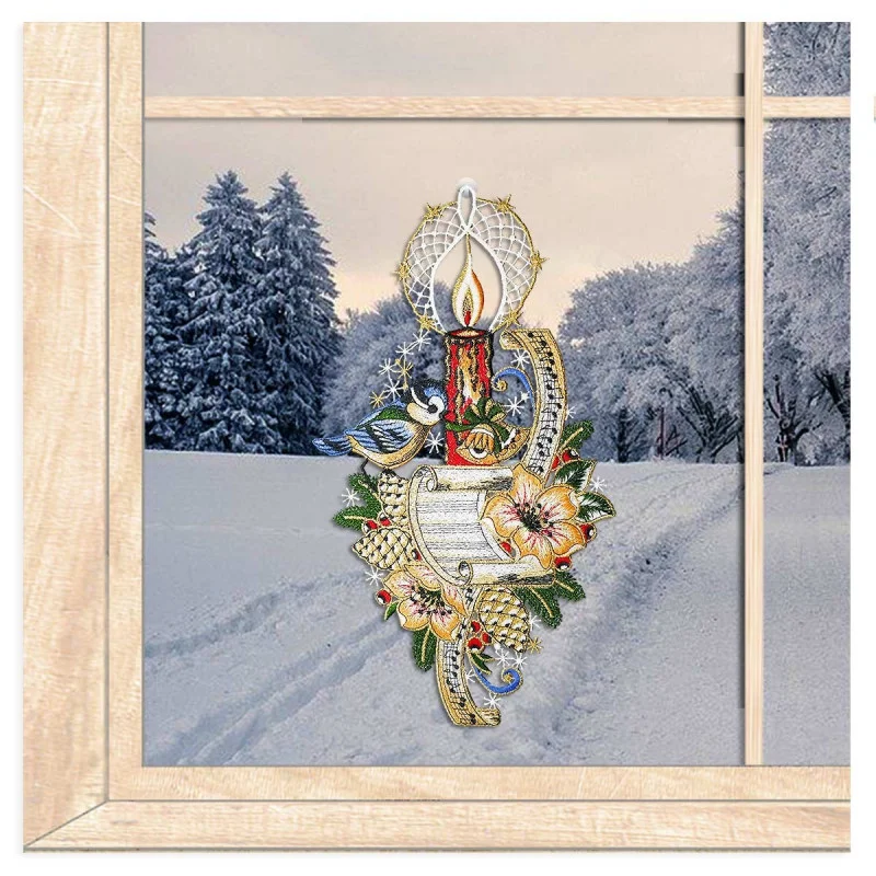 Fensterbild Kerze mit Blaumeise aus Plauener Spitze