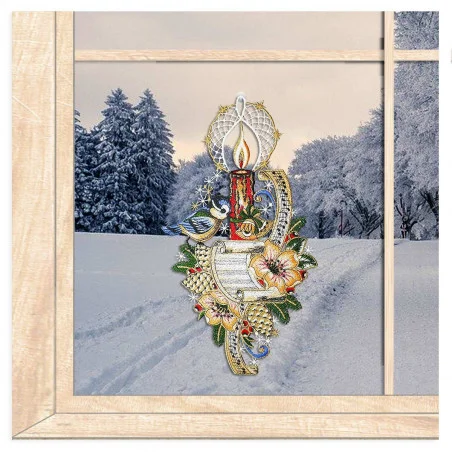 Fensterbild Kerze mit Blaumeise aus Plauener Spitze