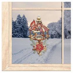 Winter-Fensterbild Eichhörnchen auf dem Vogelhaus aus Plauener Spitze