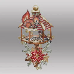 Winter-Fensterbild Eichhörnchen auf dem Vogelhaus