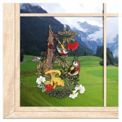 Fensterbild Vögel am Baumstumpf aus Plauener Spitze