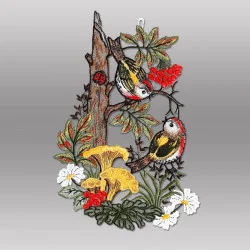 Fensterbild Vögel am Baumstumpf