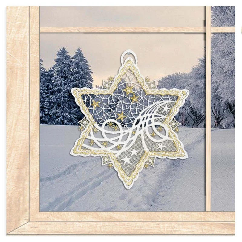 Fensterbild Eisstern in weiß-gold aus Plauener Spitze