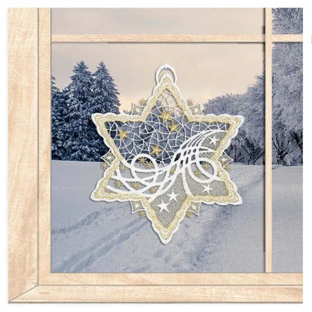 Fensterbild Eisstern in weiß-gold aus Plauener Spitze