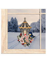 Plauener Spitzen-Fensterbild Laterne mit Kerze und Vögelchen