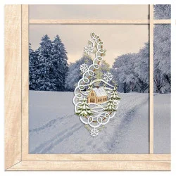 Plauener Spitzen-Fensterbild Haus mit Winterlandschaft