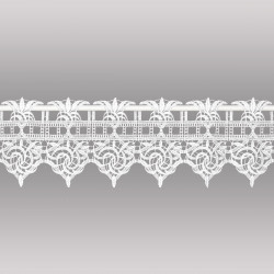 Freigestellte Plauener Spitze Bistrogardine in Weiß mit elegantem Fantasiemuster und Zackensaum. 14 cm hoch