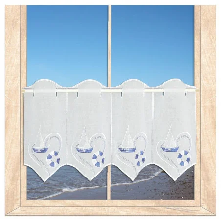 Maritime Stickerei-Scheibengardine Ocean in blau-weiß 30 cm