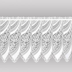 Die kleine weiße Spitzegardine Malu auf grauem Hintergrund.