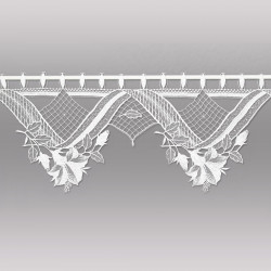 Plauener Spitze Bistrogardine Amy in Weiß: Detail mit feiner floraler Webart und praktischen Schlaufen.