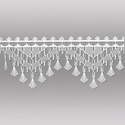 Elegant gestickte Scheibengardine Fay aus weißer Plauener Spitze: Transparenter Scheibenhänger mit Schlaufen.