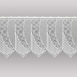 Transparente Scheibengardine aus naturweißer Plauener Spitze mit moderner geometrischer Stickerei.