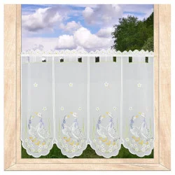 Verspielte Stickerei-Scheibengardine Gänse Plauener Spitze