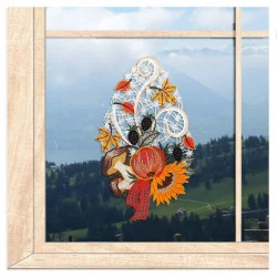 Charmantes Fensterbild Herbstblumen aus Plauener Spitze