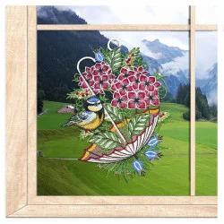 Plauener Spitze-Fensterbild Vögelchen mit Schirm