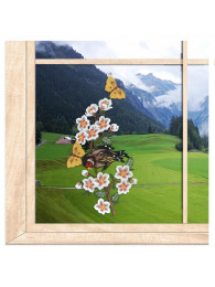 Fensterbild Vogel auf Blütenzweig rechts aus Plauener Spitze