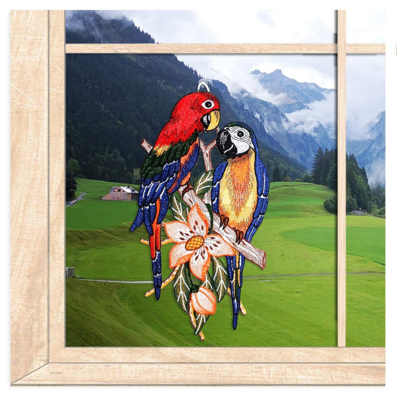 Fensterbild Aras aus Plauener Spitze Papagei