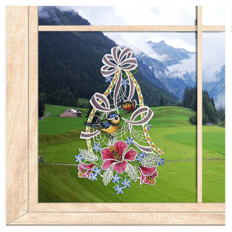 Plauener Spitze Fensterschmuck Vogel mit Hibiskus