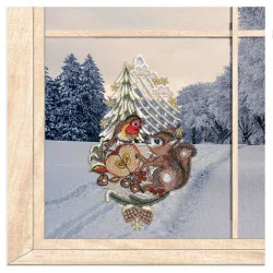 Plauener Spitze-Fensterbild Eichhörnchen mit Apfel