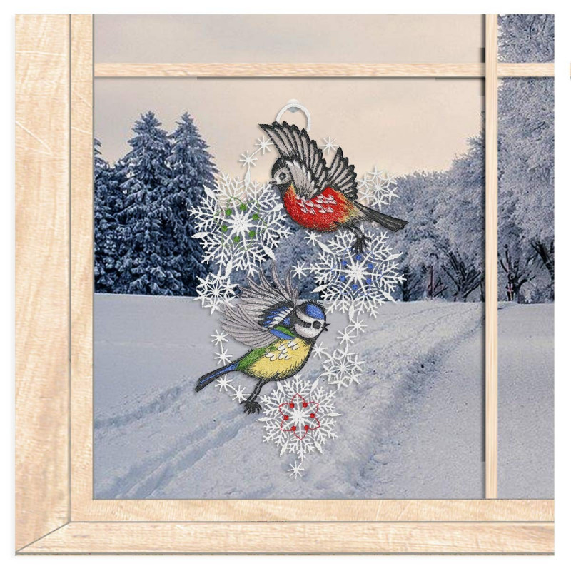 Fensterbild Vögelchen mit Schneekristallen aus Plauener Spitze