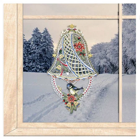 Fensterbild Glocke mit Blaumeise aus Plauener Spitze